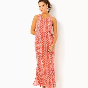 Lilly Pulitzer Ulla Maxi Dress XL Orange and White Racerback Feather Beachy NWT